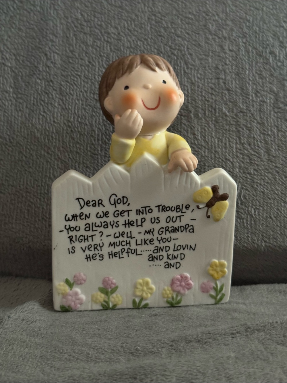 “Dear God” Cute Ceramic Figurine with Yellow Shirt and Floral Plaque